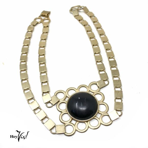 Vintage Jewelry - Vintage Statement Necklace w Black Centerpiece Chunky Chain Bib Style - Hey Viv